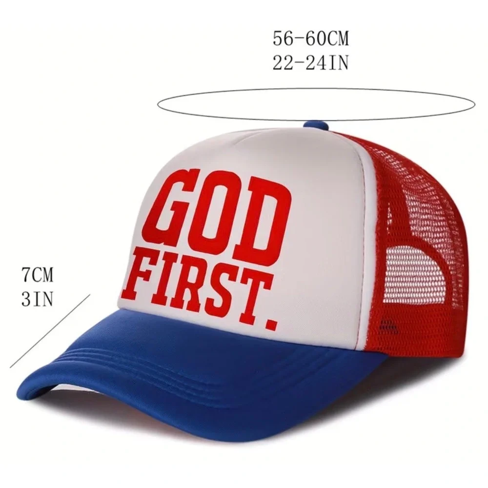 Unbranded God First Trucker Hat Mens‎ OSFA Red White Blue New Religious Mesh Cap